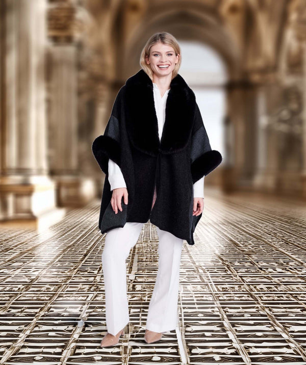 Autumn - Black Faux Fur Trim Wrap with Half Length Sleeves