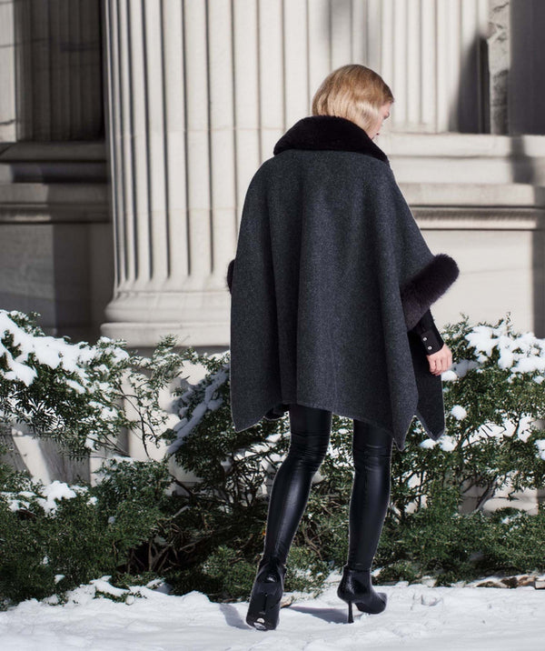 Autumn - Charcoal Faux Fur Trim Wrap with half Length Sleeves