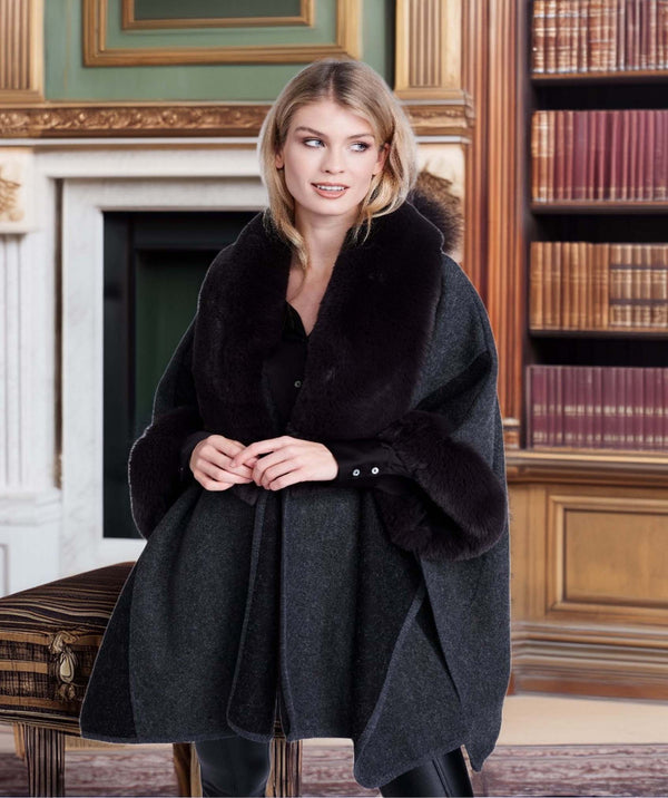 Autumn - Charcoal Faux Fur Trim Wrap with half Length Sleeves