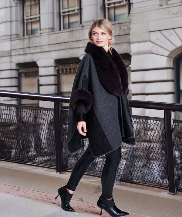 Autumn - Charcoal Faux Fur Trim Wrap with half Length Sleeves