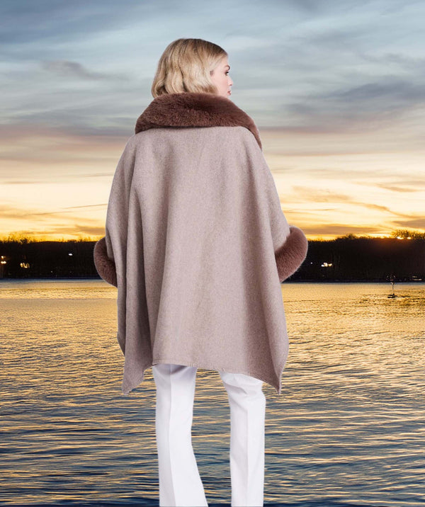 Autumn - Taupe Faux Fur Trim Wrap with half Length Sleeves