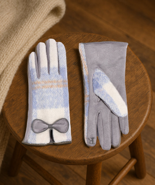 Ava - Blue Check Faux Suede Gant avec un arc