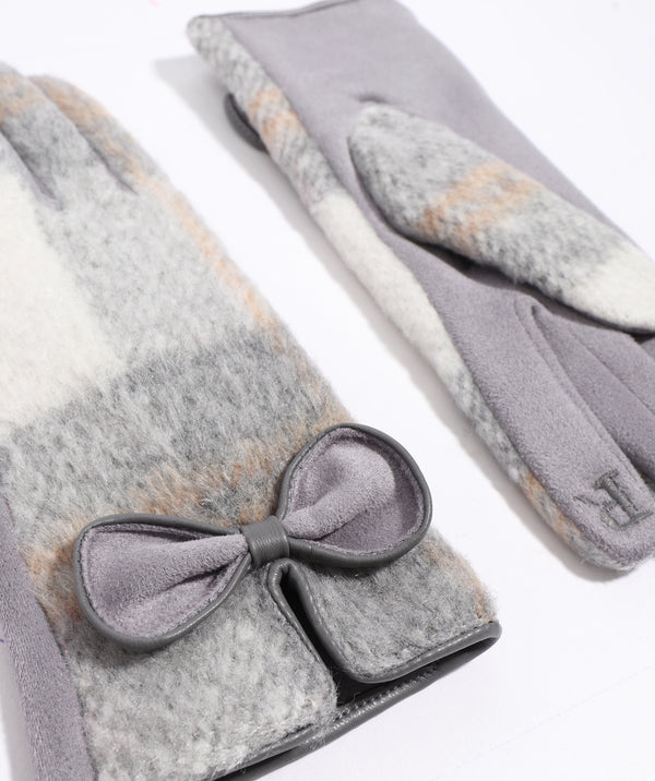 Silver Grey Check Pattern Faux Suede Glove with Bow Embellishment