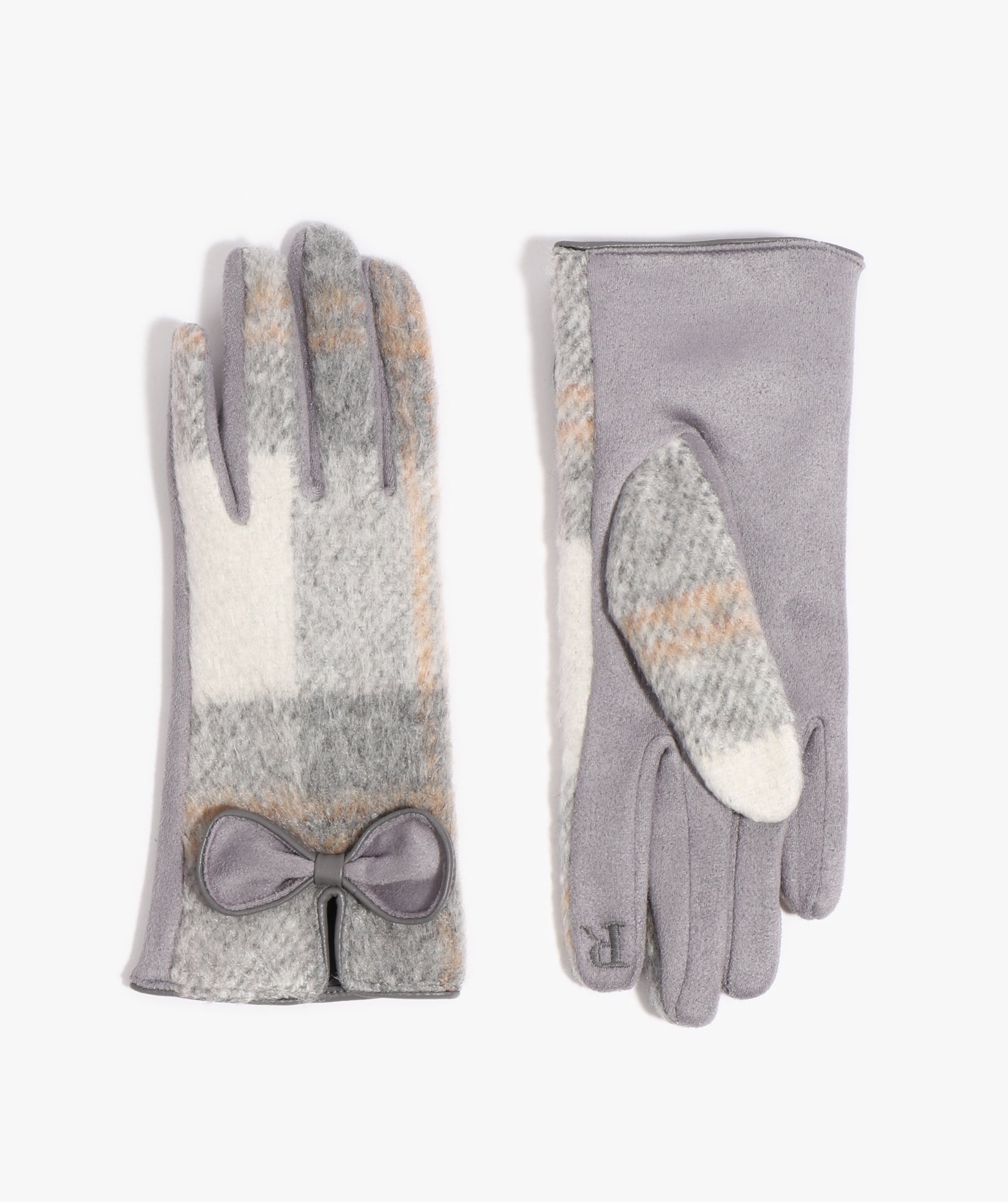 Silver Grey Check Pattern Faux Suede Glove with Bow Embellishment