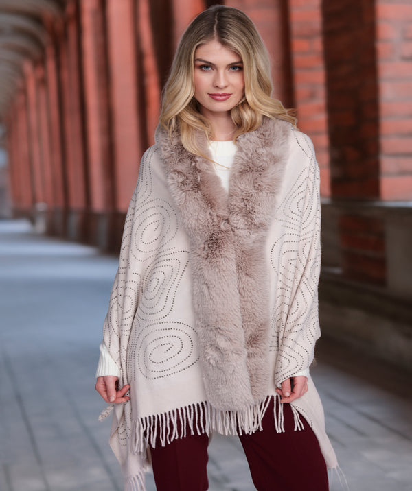 Avaline - Beige Beaded Wrap with Faux Fur Trim