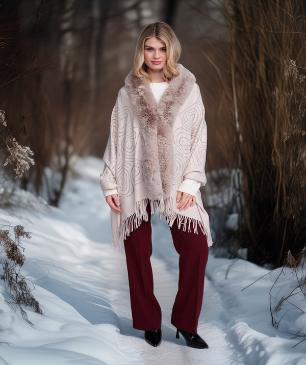 Avaline - Beige Beaded Wrap with Faux Fur Trim