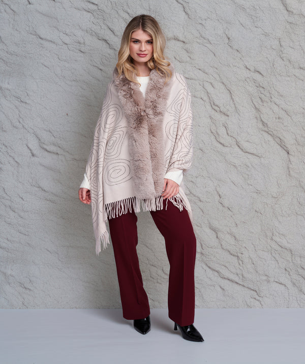 Avaline - Beige Beaded Wrap with Faux Fur Trim