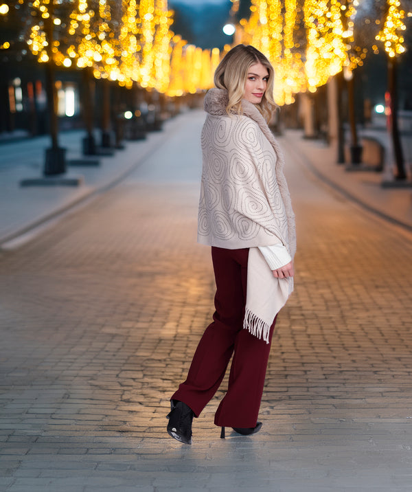 Avaline - Beige Beaded Wrap with Faux Fur Trim