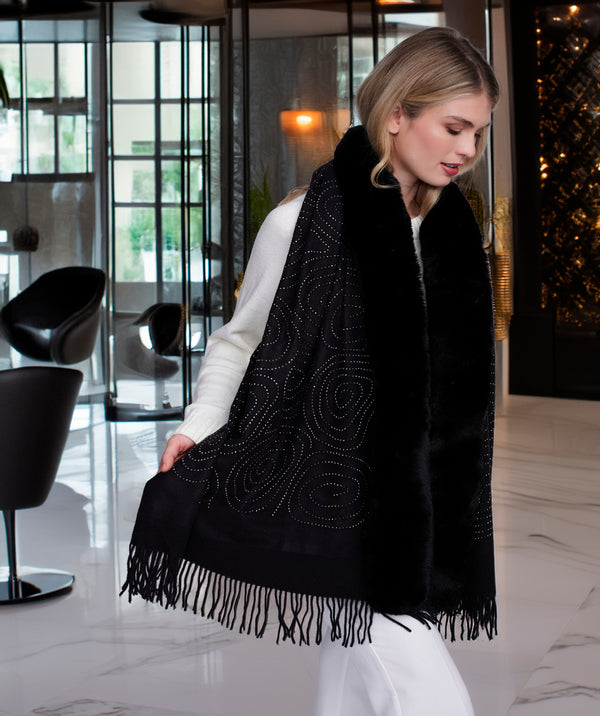 Avaline - Black Beaded Wrap with Faux Fur Trim