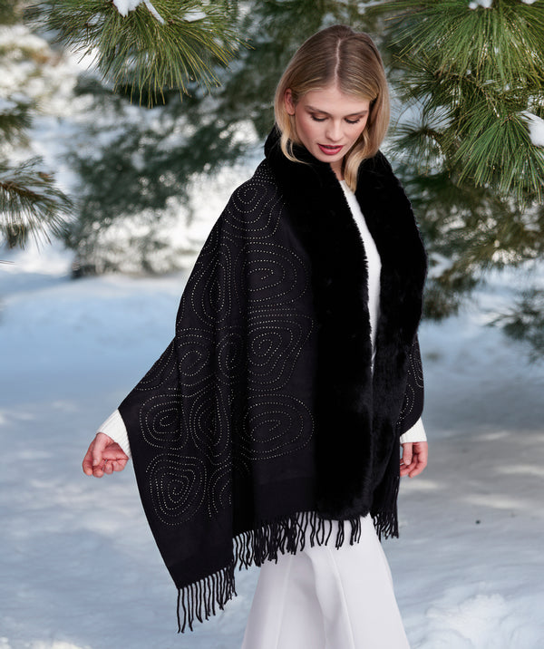 Avaline - Black Beaded Wrap with Faux Fur Trim