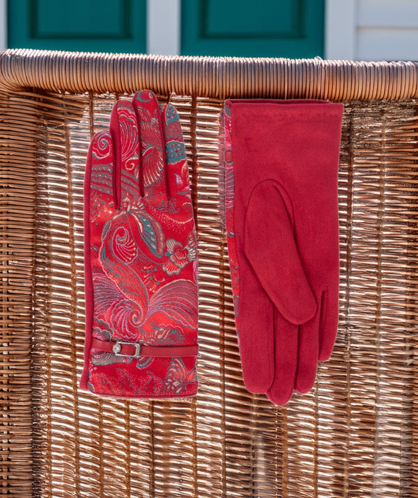 Ayla - Red Vintage Retro Print Faux Suede luvas