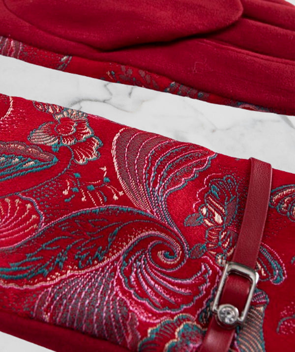 Ayla - Red Vintage Retro Print Faux Suede luvas