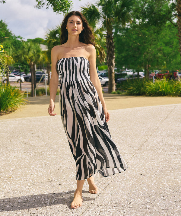 Black/White Animal Print Maxi Dress with Bandeau Elasticated Band