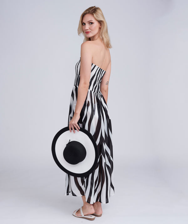 Black/White Animal Print Maxi Dress with Bandeau Elasticated Band