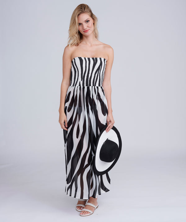 Black/White Animal Print Maxi Dress with Bandeau Elasticated Band