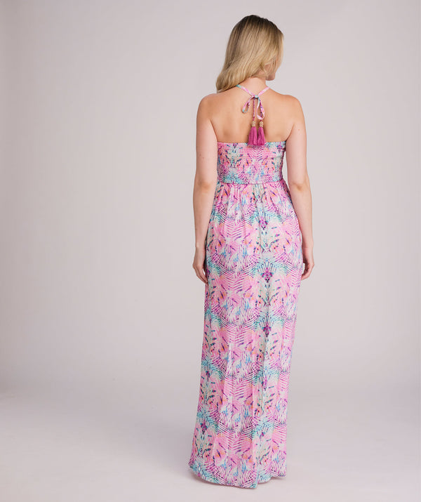 Barbados - Vestido Maxi Bardot Estampado Rosa Profundo