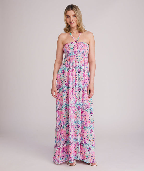 Barbados - Vestido Maxi Bardot Estampado Rosa Profundo