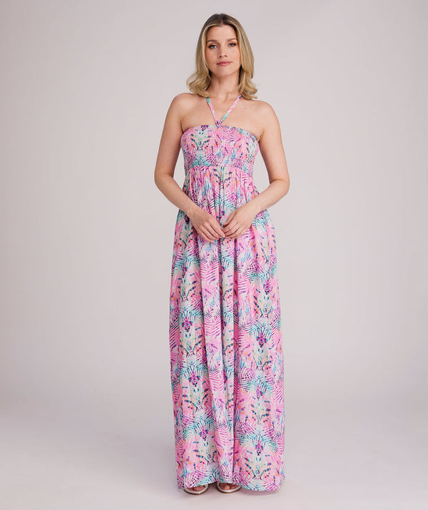 Barbados - Vestido Maxi Bardot Estampado Rosa Profundo