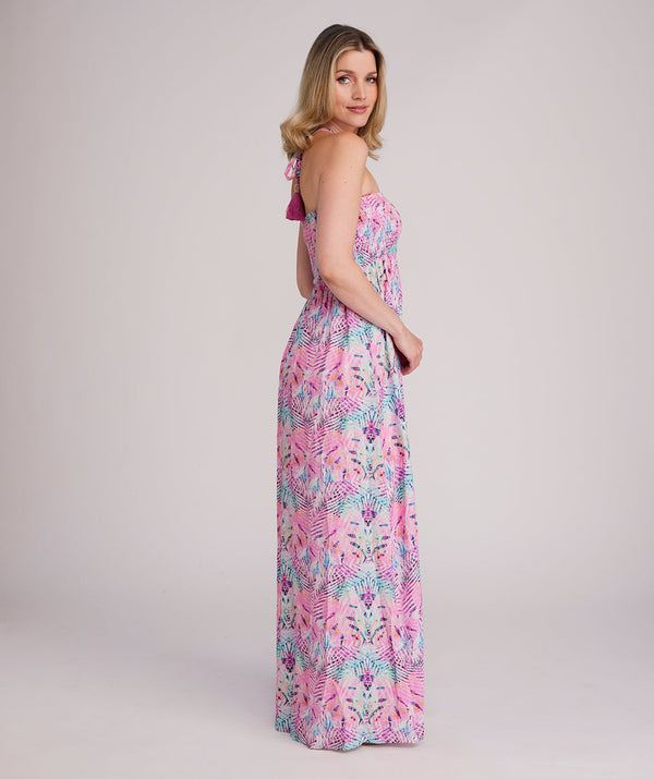 Barbados - Vestido Maxi Bardot Estampado Rosa Profundo