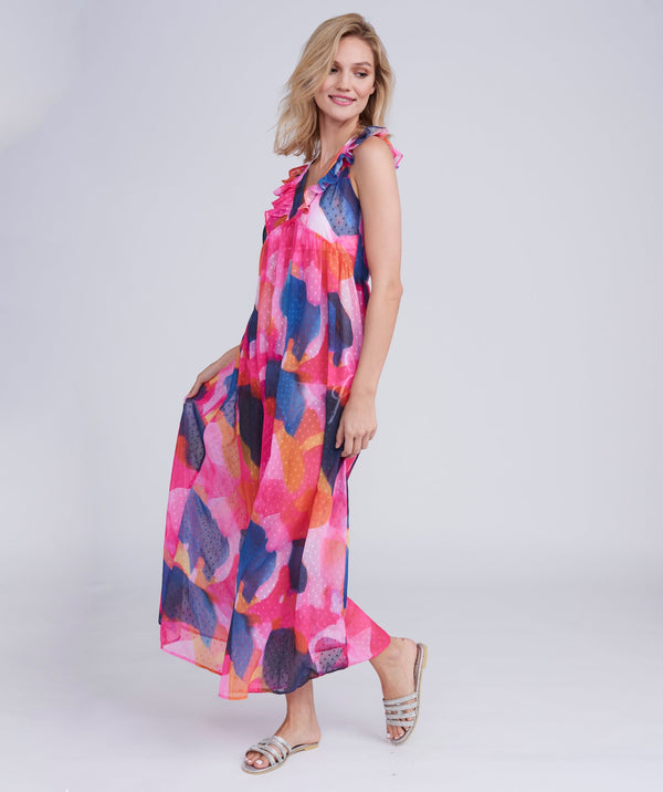Bardolino - Fuchsia Maxi Dress with Tropical Abstract Print and Ruffle Detail
