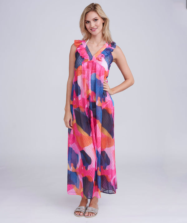 Bardolino - Fuchsia Maxi Dress with Tropical Abstract Print and Ruffle Detail
