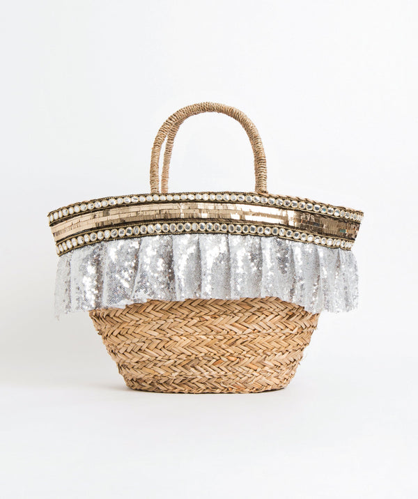 Bella - cestino da spiaggia di paillettes argento naturale