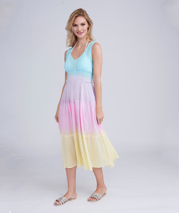 Pastel Rainbow Ombre Maxi Dress in Soft Cotton