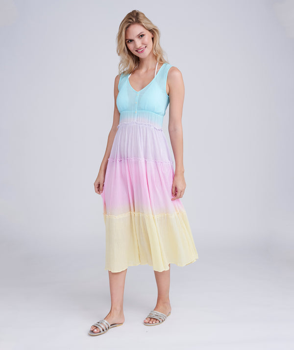 Pastel Rainbow Ombre Maxi Dress in Soft Cotton