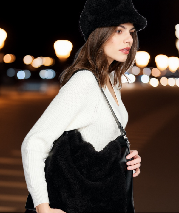 Brielle - Black Borg Fleece and Faux Leather Slouch Bag