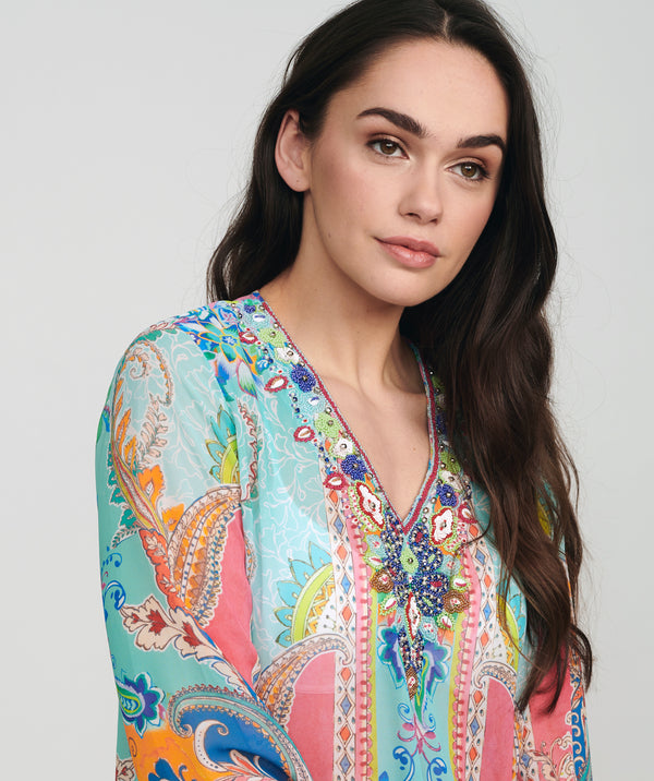 Cancun - Blue Printed Tunic Cover Up with Embellishments