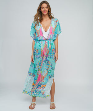 Turquoise Maxi Kimono with Flowy Silhouette