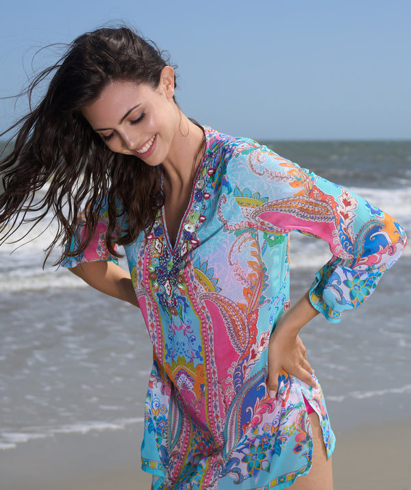 Cancun - Blue Printed Tunic Cover Up with Embellishments