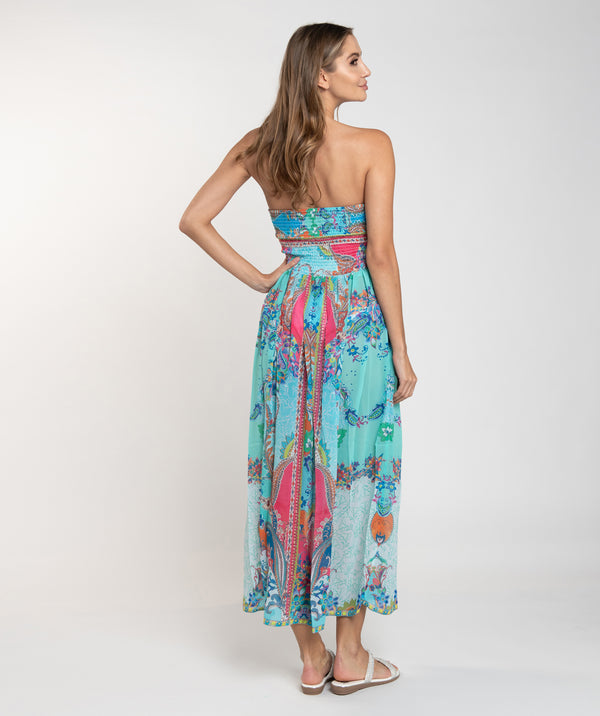 Cancun - Pale Turquoise Paisley Print Strapless Maxi Dress