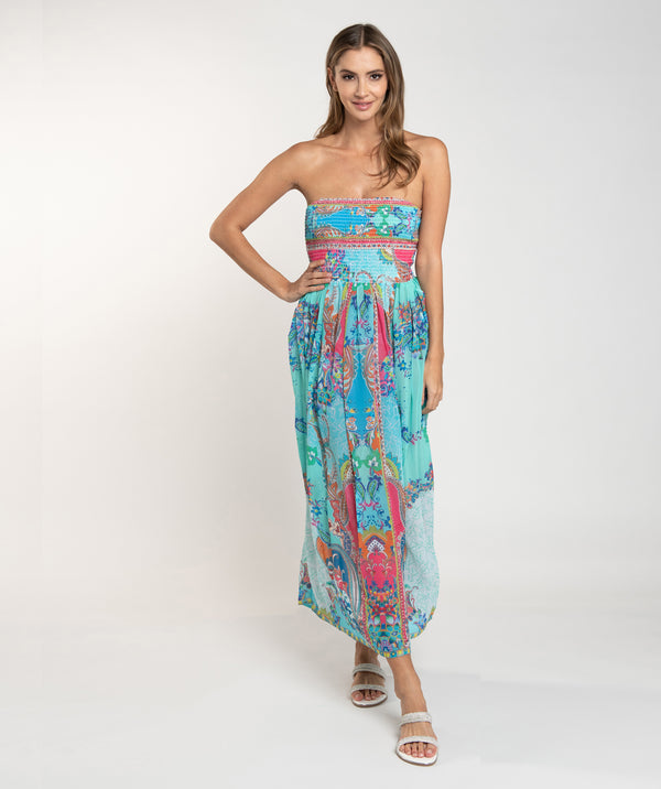 Cancun - Pale Turquoise Paisley Print Strapless Maxi Dress