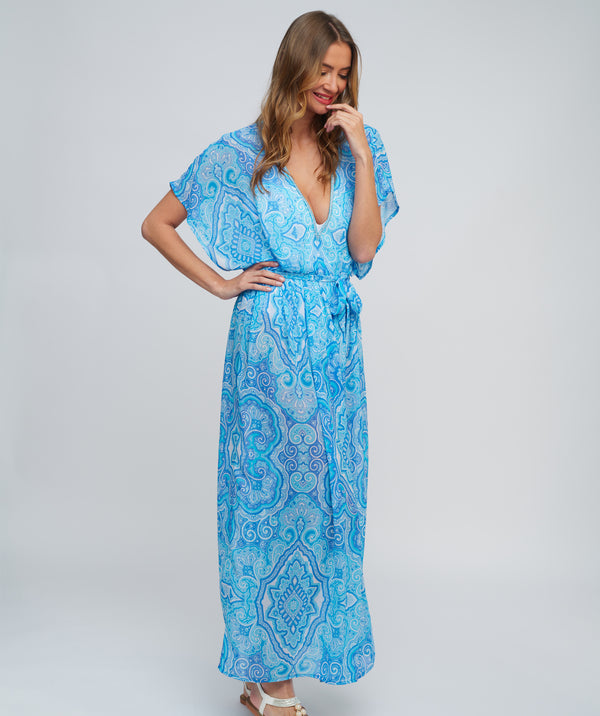 Blue Paisley Printed Chiffon Maxi Dress with Deep V Neckline