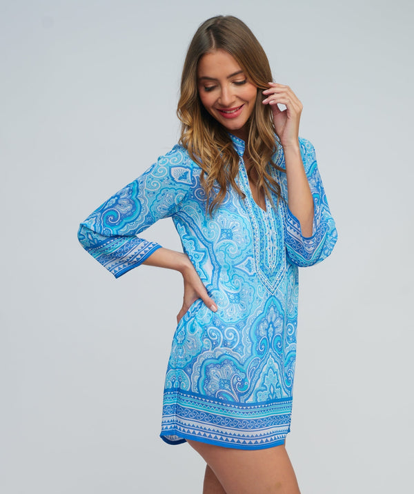 Blue Paisley-Patterned Tunic with Embellished Neckline
