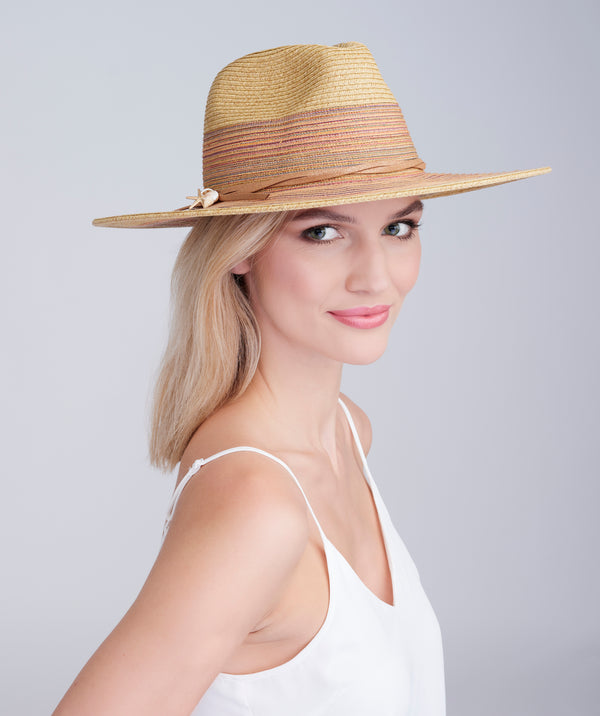 Natural/Orange Straw Fedora Hat with Shimmer Trim and Adjustable Size