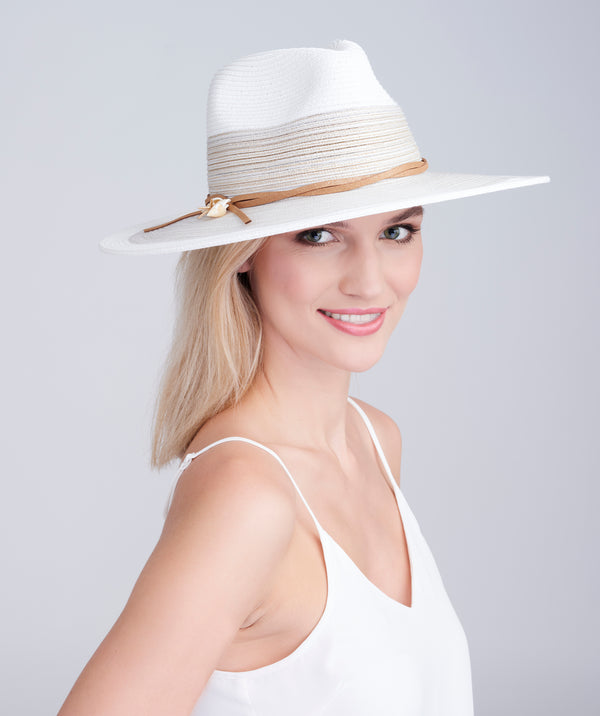 White/Grey Fedora Hat with Metallic Striped Band and Shimmer Trim