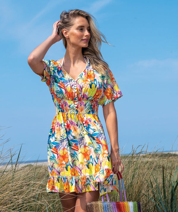 Caracas – Gelbes Strandkleid mit tropischem Print