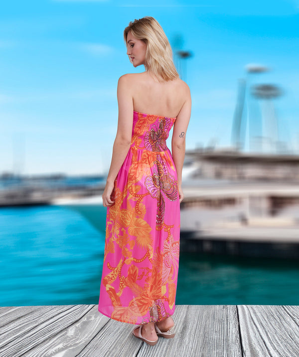 Carriba - Hot Pink Butterfly Print Strapless Maxi Dress
