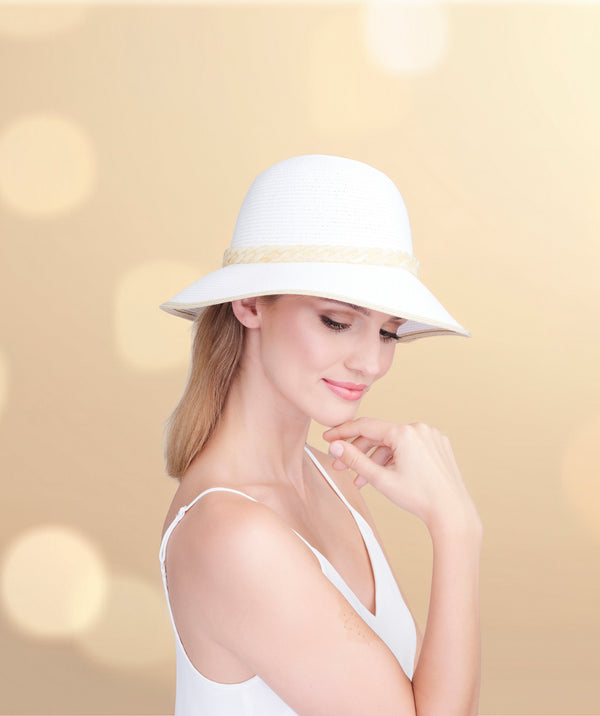Cassini - White Straw Bucket Hat with Chain Embellishment