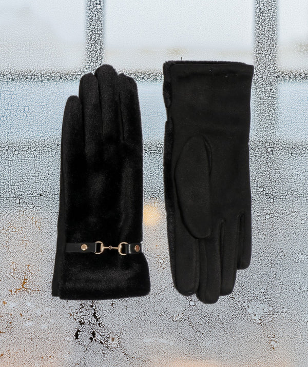 Cathy - Gant de fausse fourrure noire avec boucle