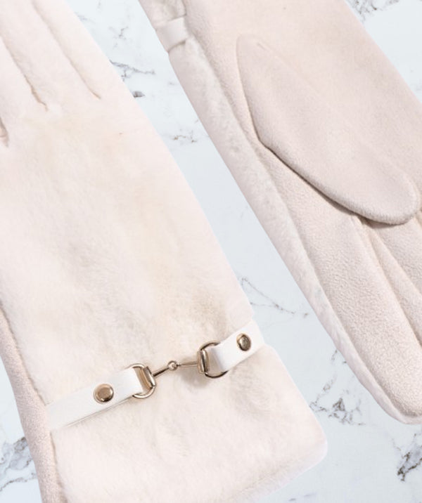 Cathy - Creme Faux Fur Glove com fivela