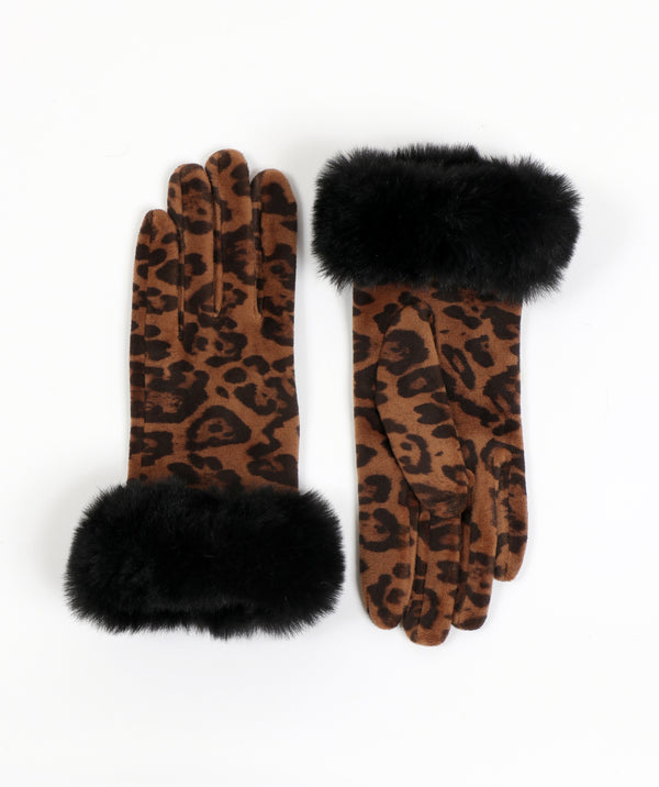 Catriona – Handschuhe mit Kunstfellmanschette und Leopardenmuster