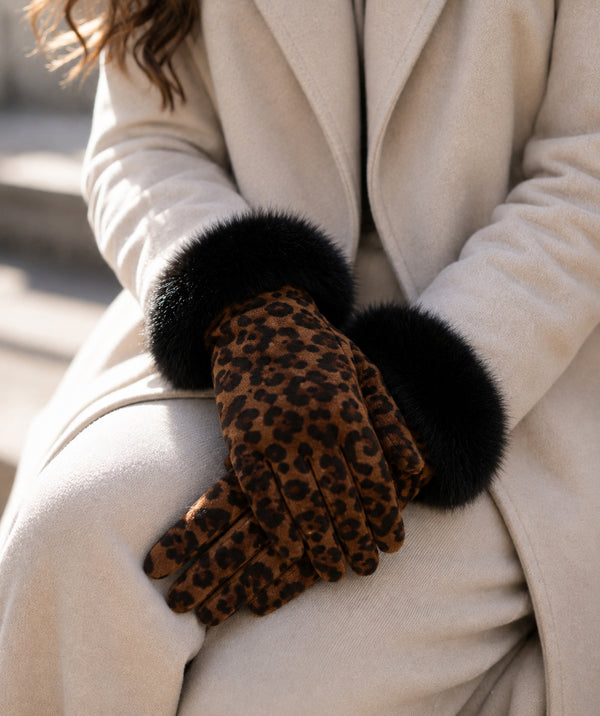 Catriona – Handschuhe mit Kunstfellmanschette und Leopardenmuster