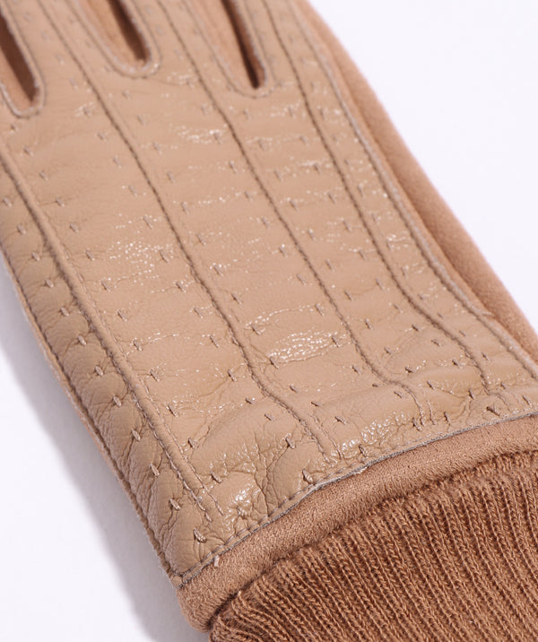 Camel Faux Leather and Suede Roll Cuff Gloves