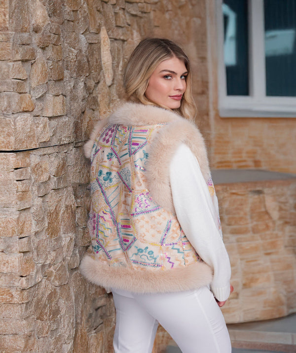 Charmaine - Honey Sequin Embellished Gilet with Faux Fur Trim