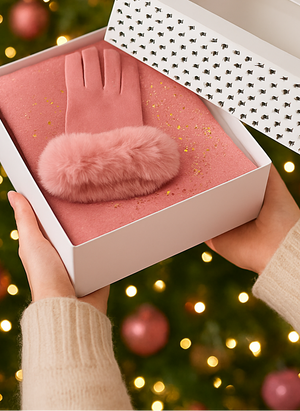 Pink gloves with fur cuff in a box against a festive Christmas tree background