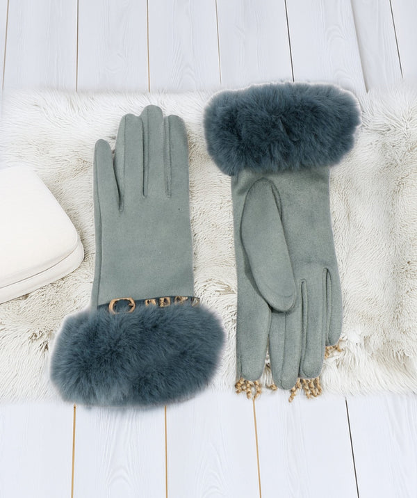 Chiara - groenblauw studie verfraaide faux bont gevoerde handschoenen