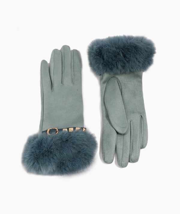 Chiara - Teal Stud Embellished Faux Fur Lined Gloves